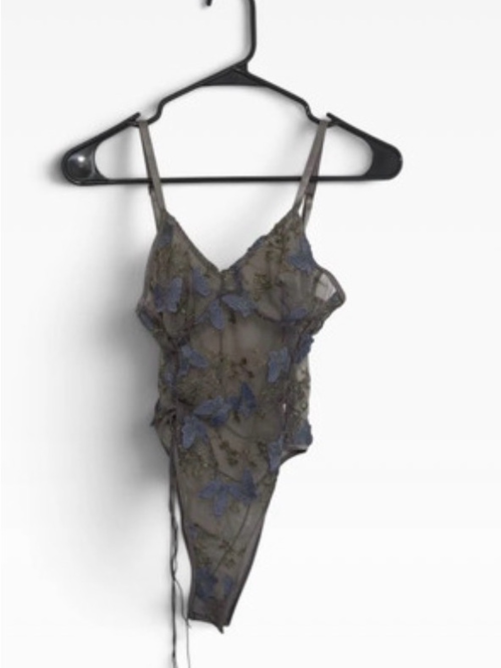 Sheer Butterfly Appliqué Lace Bodysuit - Gray with Blue Accents